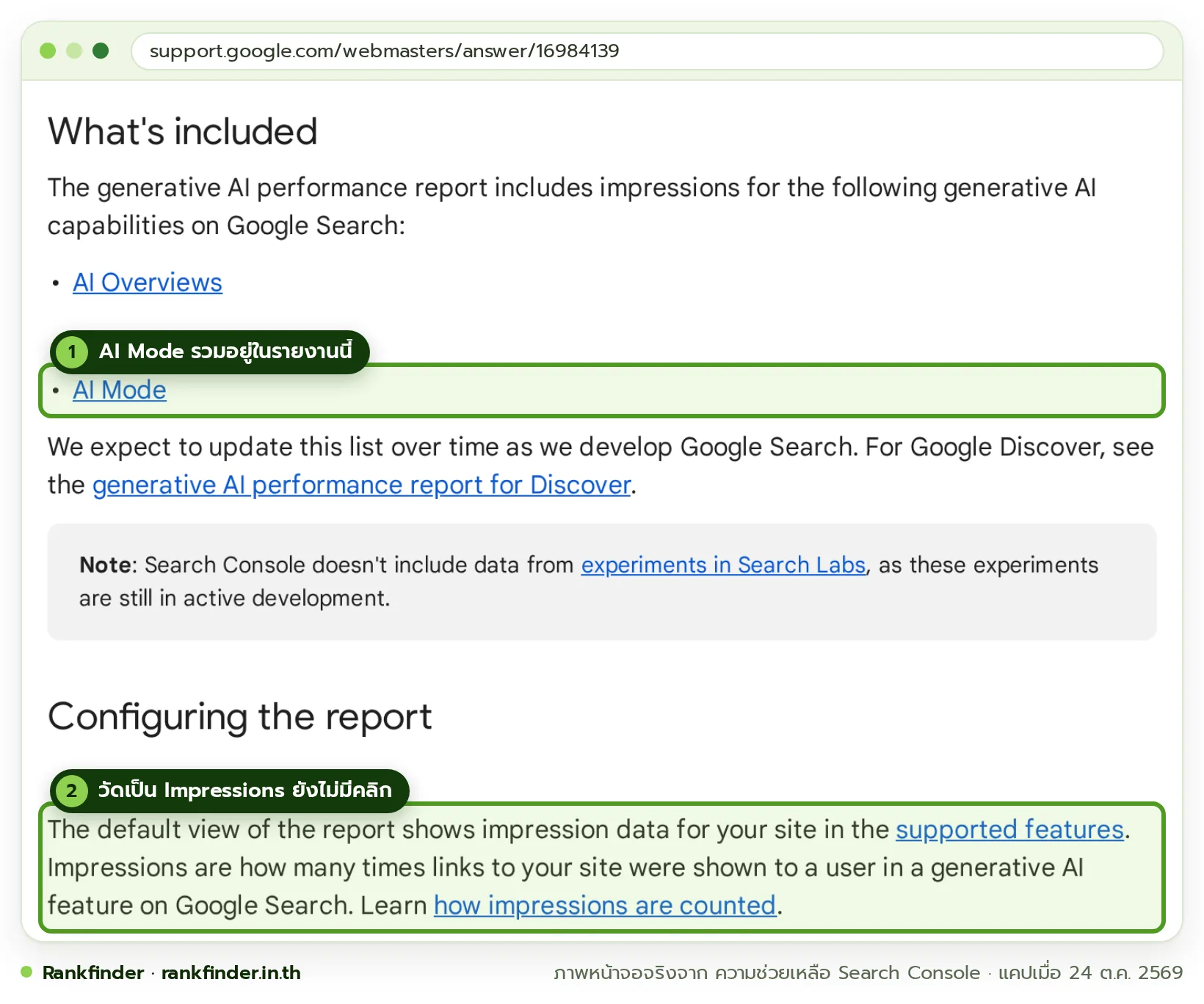 ภาพหน้าจอคู่มือ Search Console Help หัวข้อ Generative AI performance report มีกรอบสีเขียวที่รายการ AI Mode ในส่วน What's included และที่ย่อหน้านิยาม Impressions