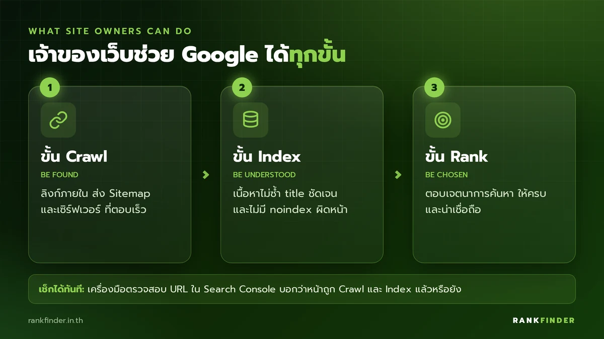 อินโฟกราฟิก 3 การ์ดสิ่งที่เจ้าของเว็บทำได้ในขั้น Crawl, Index และ Rank