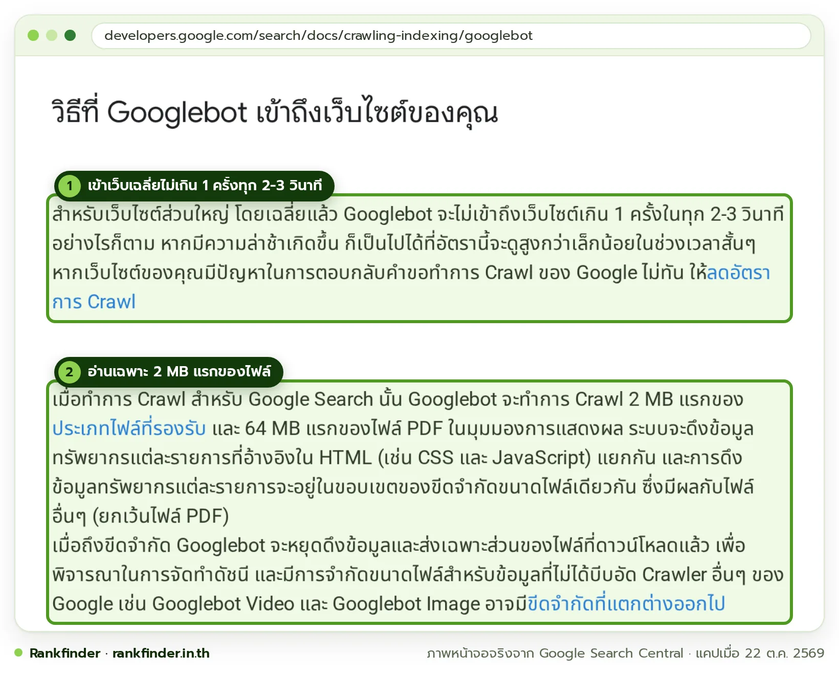 ภาพหน้าจอเอกสาร Googlebot ภาษาไทย หัวข้อวิธีที่ Googlebot เข้าถึงเว็บไซต์ของคุณ กรอบสีเขียวที่ย่อหน้าเรื่องความถี่ 1 ครั้งทุก 2-3 วินาที และย่อหน้าเรื่อง Crawl 2 MB แรกของไฟล์