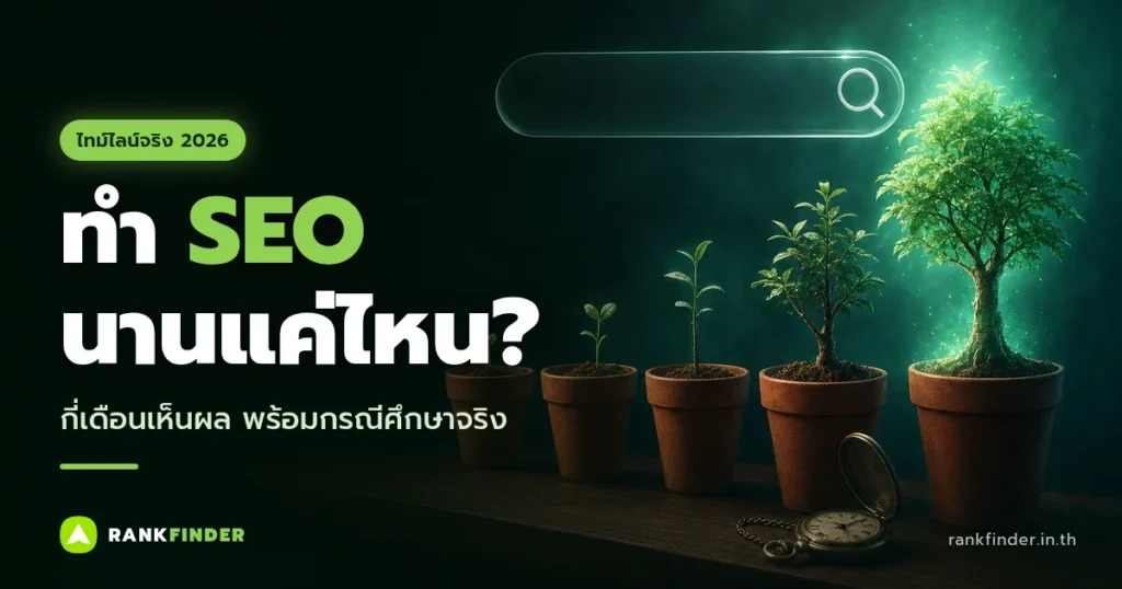 ภาพปก ทำ SEO นานแค่ไหน: กระถางต้นไม้เรียงตามลำดับการเติบโตจากต้นอ่อนถึงต้นไม้เรืองแสงสีเขียว พร้อมนาฬิกาพก