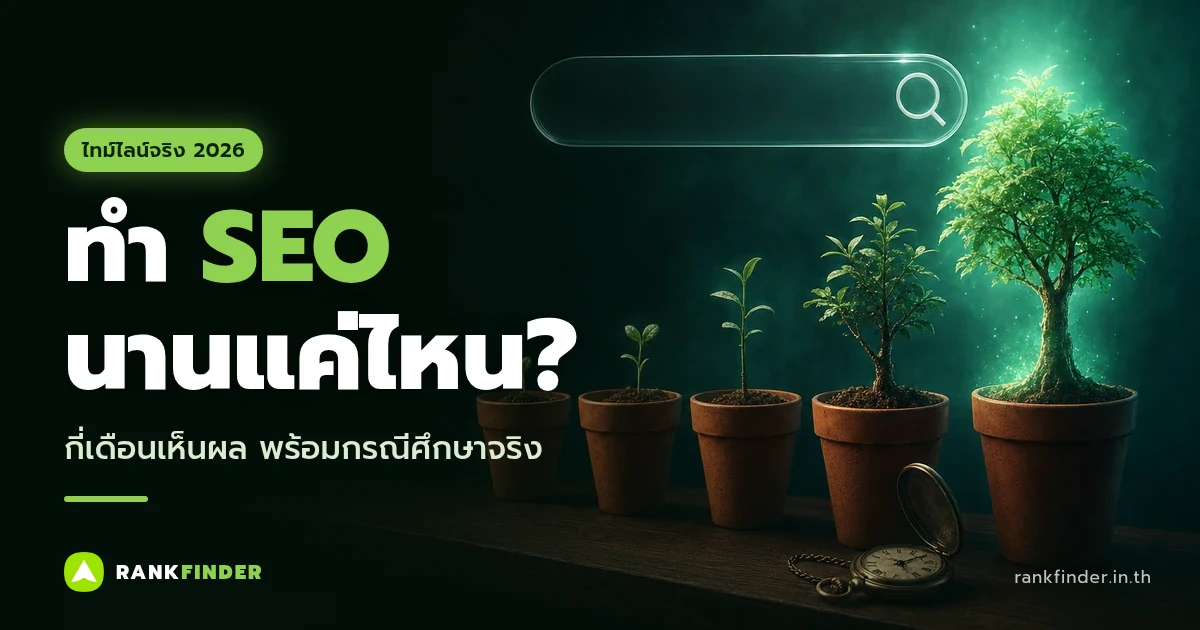 ภาพปก ทำ SEO นานแค่ไหน: กระถางต้นไม้เรียงตามลำดับการเติบโตจากต้นอ่อนถึงต้นไม้เรืองแสงสีเขียว พร้อมนาฬิกาพก