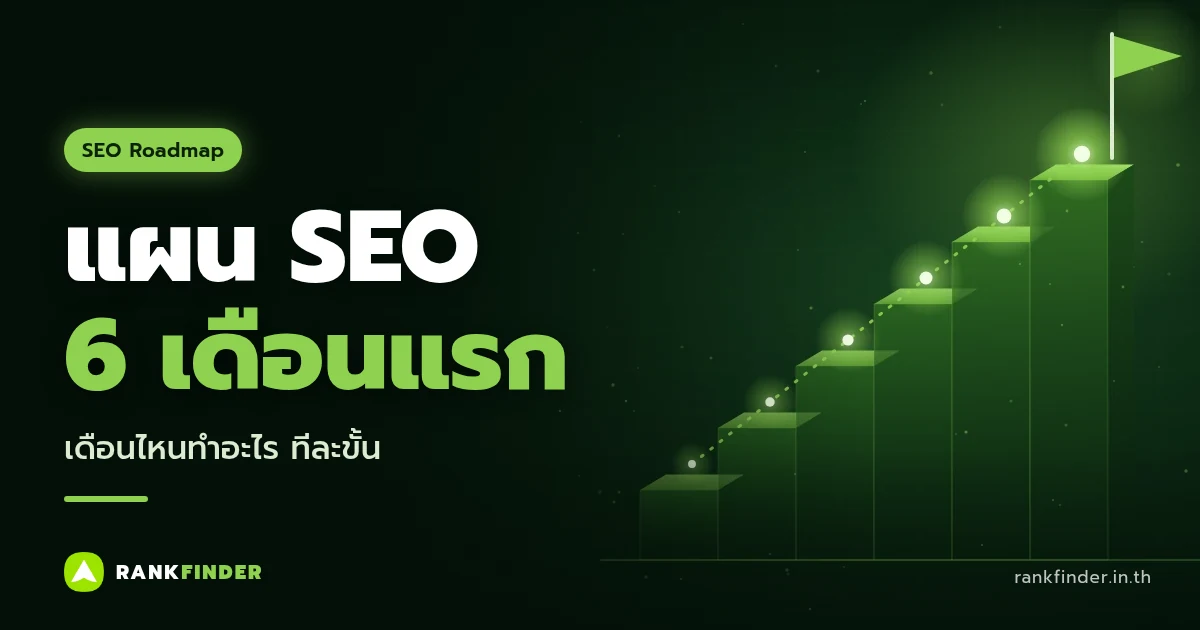ภาพปกบทความแผน SEO 6 เดือน: บันไดสีเขียว 6 ขั้นที่มีจุดเรืองแสงบนแต่ละขั้น และธงอยู่บนขั้นสูงสุด