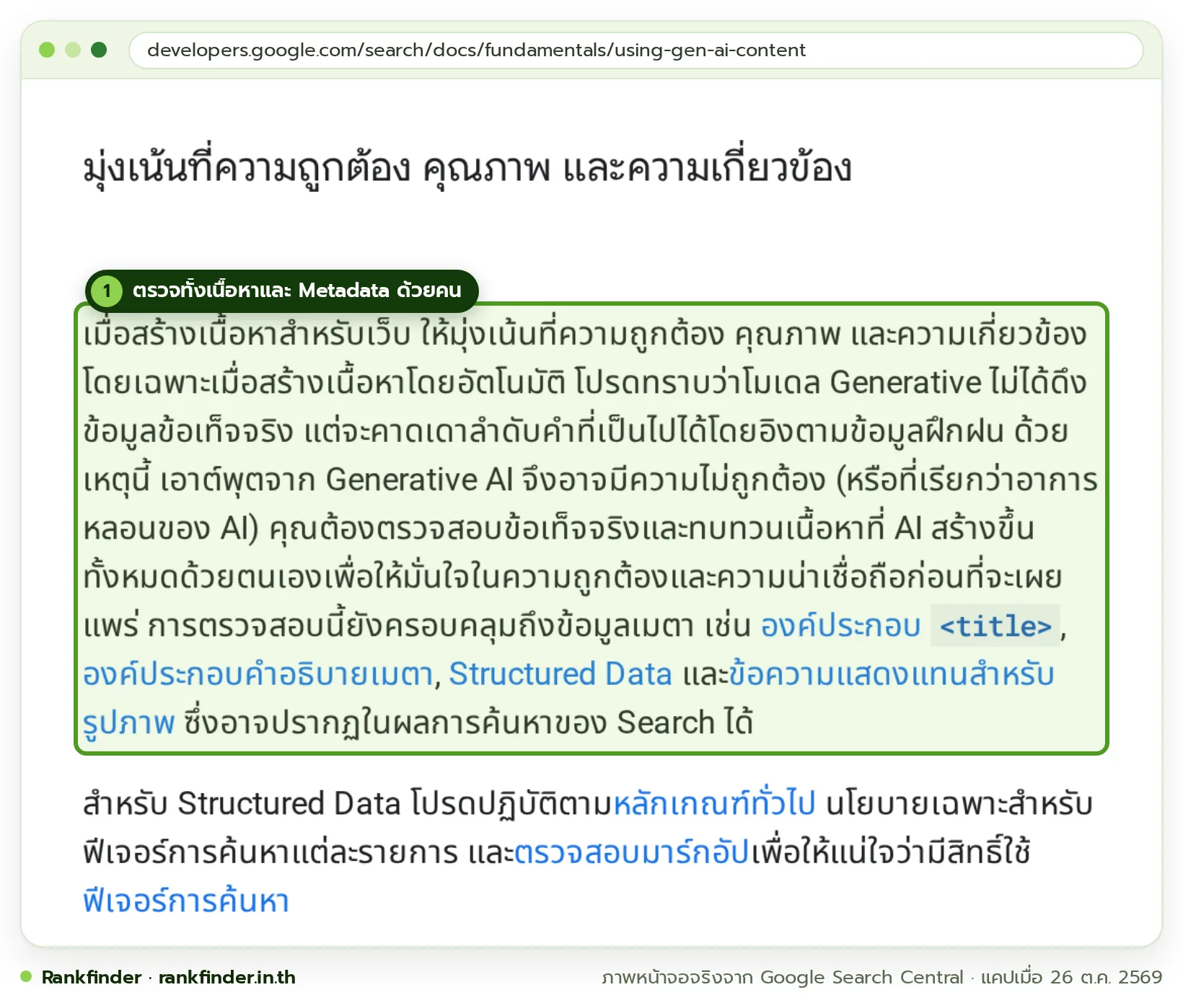 ภาพหน้าจอคู่มือ Google Search Central ภาษาไทย หัวข้อมุ่งเน้นที่ความถูกต้อง คุณภาพ และความเกี่ยวข้อง มีกรอบสีเขียวที่ย่อหน้าซึ่งให้ตรวจข้อเท็จจริงของเนื้อหา AI รวมถึงข้อมูลเมตา